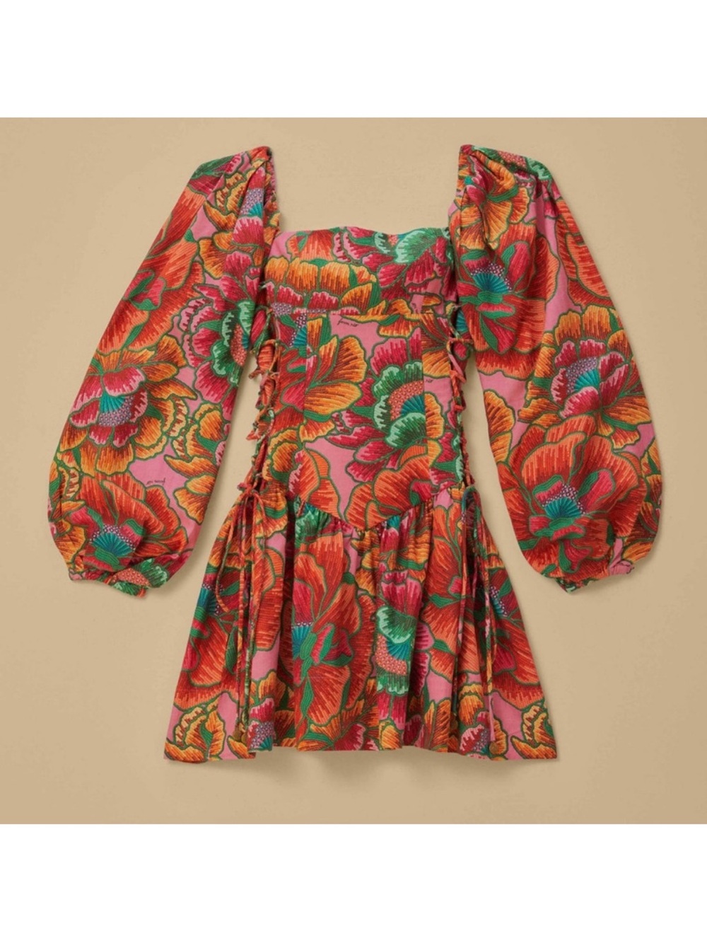 FARM Rio Orange Pink Green Floral Puff-Sleeve Mini Dress - Picture 3 of 8
